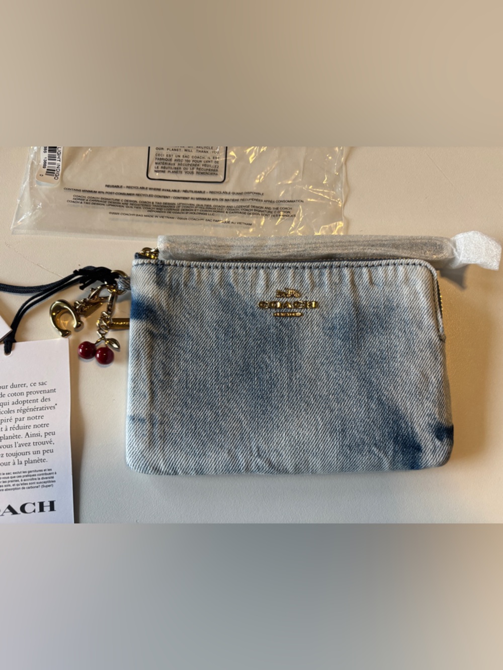 Coach Loved Denim Wash Wristlet Bag with Coach Cherry 🍒 Charm C Gold Charm! NEW - Picture 5 of 6
